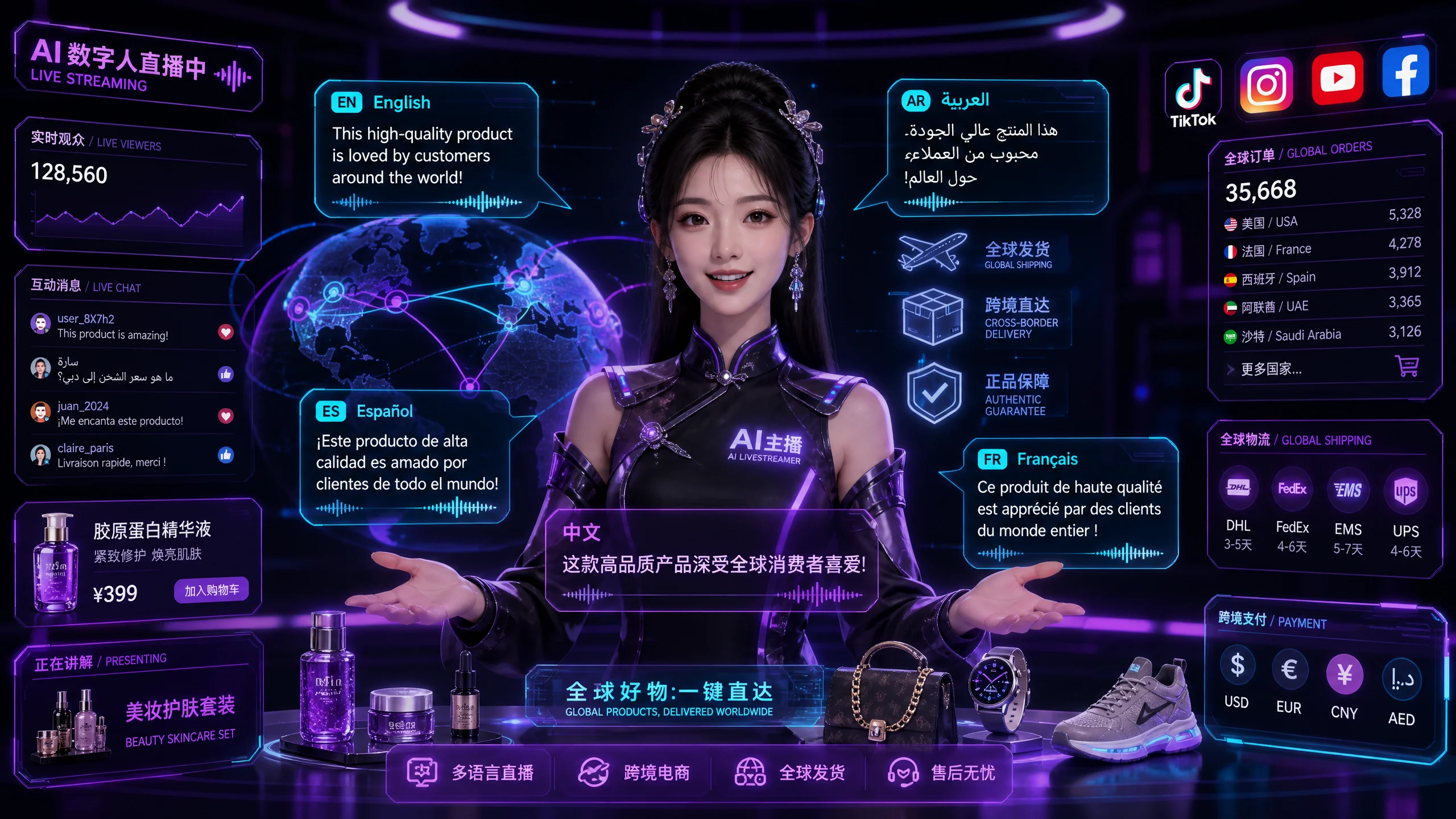 AI数字人多语种跨境电商直播展示英语‍阿拉伯‌语西班牙语同步带‌货